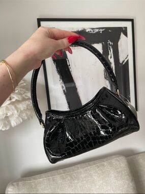 Elleme Small Dimple Leather Black Croc-Embossed Patent Shoulder Bag